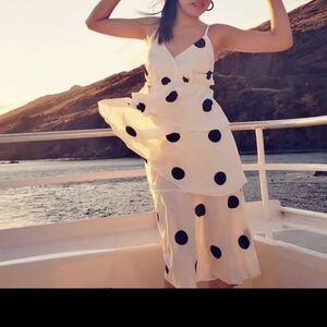 New O.P.T Cava Tiered Black Polka-dot Midi Dress In White Sz S